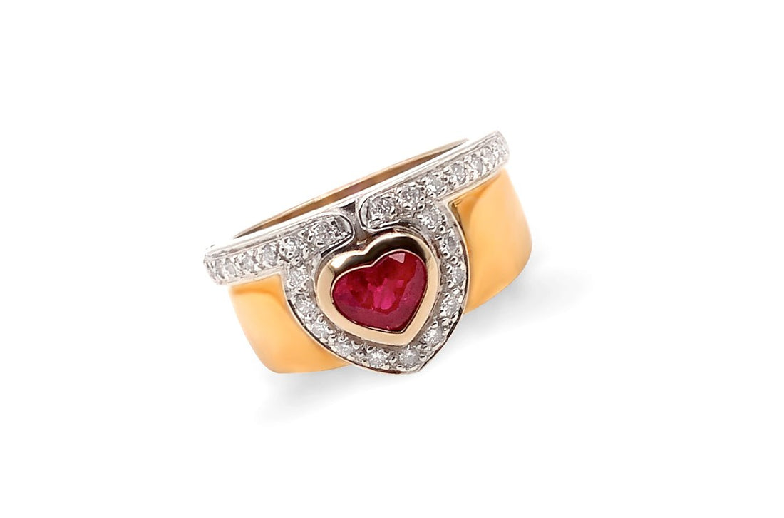 Ring 18kt Two Tone Gold Ruby &amp; Diamonds - Diamond Tales Fine Jewelry