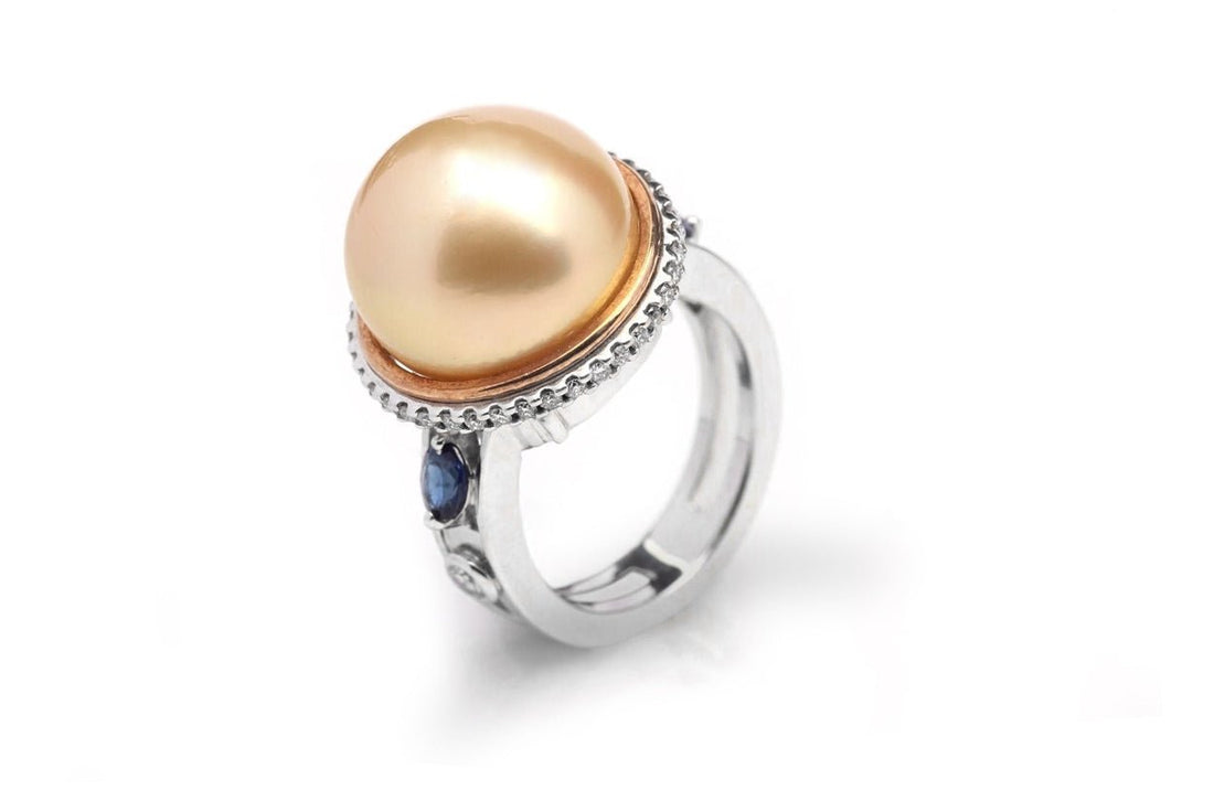 Ring South Sea Golden Pearl with Diamonds &amp; Blue Sapphire - Diamond Tales Fine Jewelry